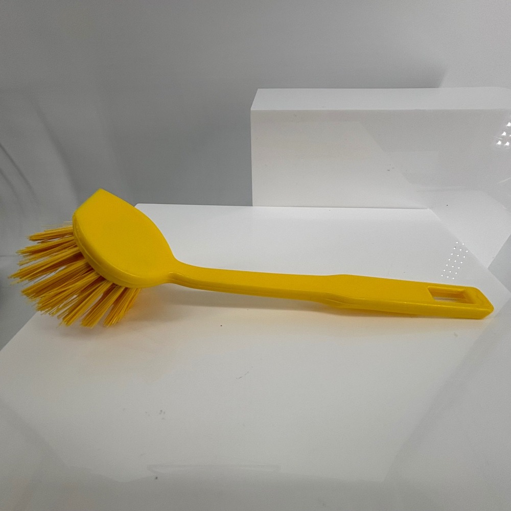 Yellow Long Handle Dish Brush with Integrated Scraper and Hanging Hole